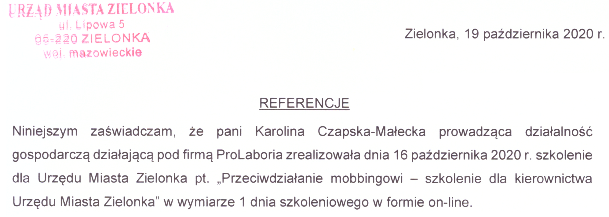 Urząd Miasta Zielonka Referencje dla ProLaboria (Karoliny Czapskiej-Małeckiej)